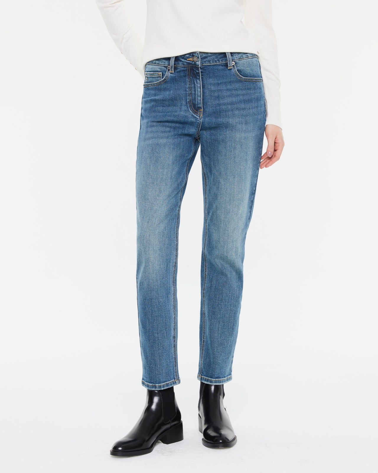 Damenjeans mit geradem Bein, hoher Taille und Reißverschluss