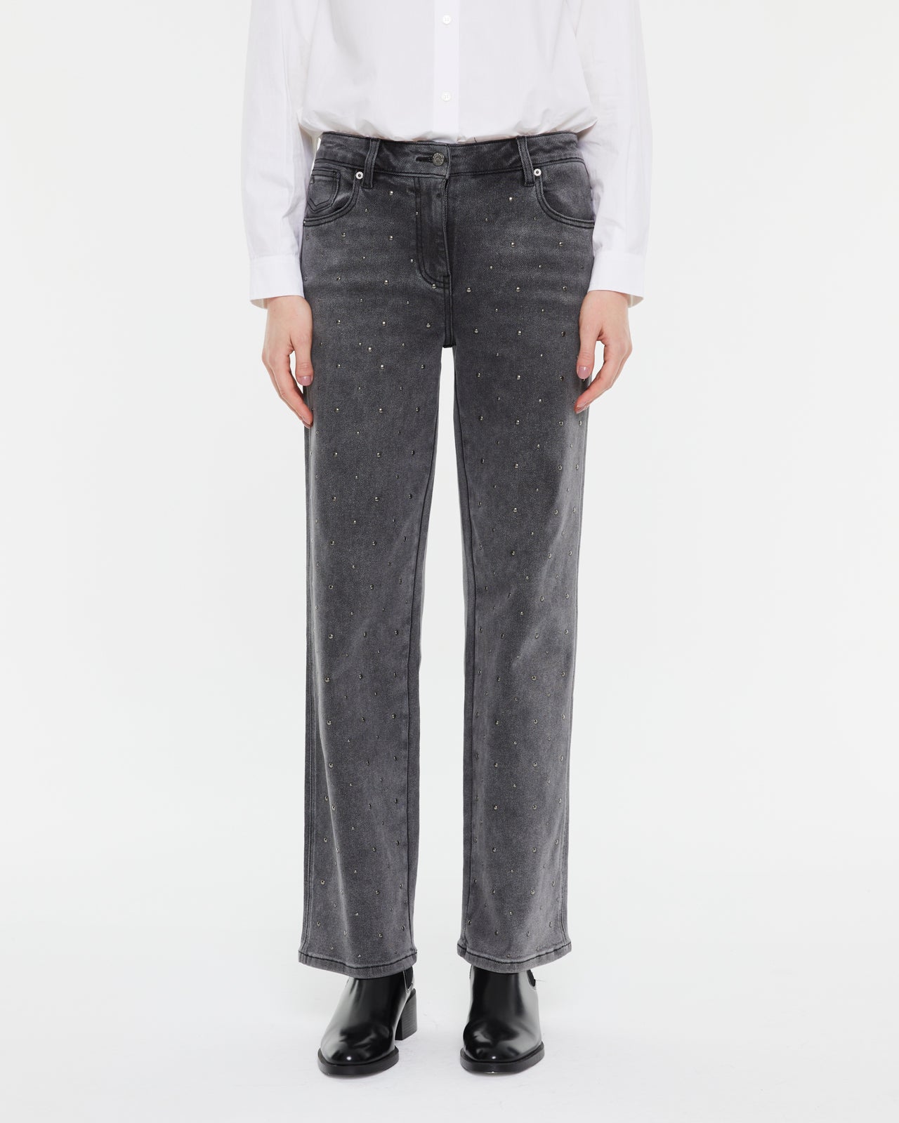 Damen High Waist Wide Leg Jeans mit Nieten