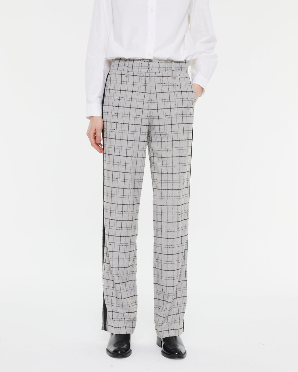 Pantalón recto mujer estampado cuadros tiro alto