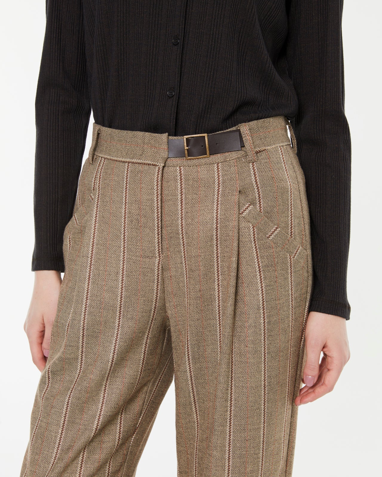 High-waisted pinstripe wide-leg trousers with pleats