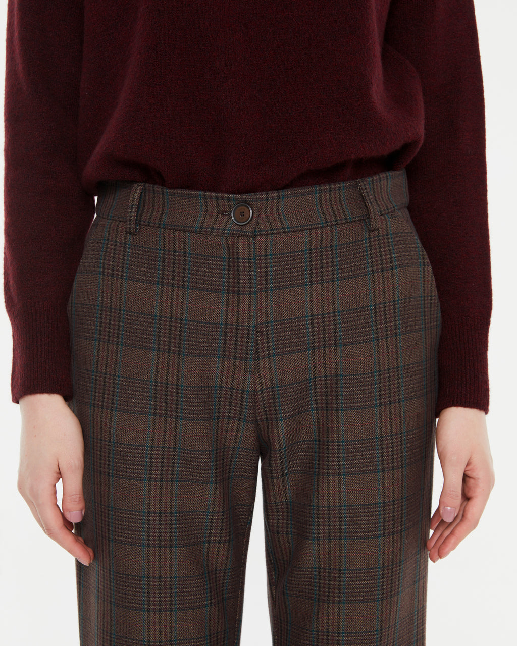 Pantalón recto cuadros tiro alto y cintura elástica