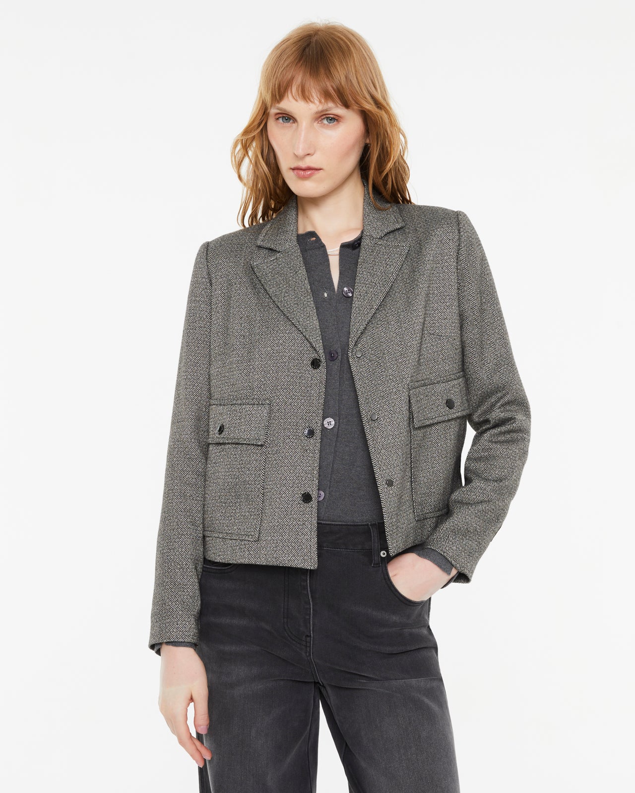 Short women's herringbone print jacket
