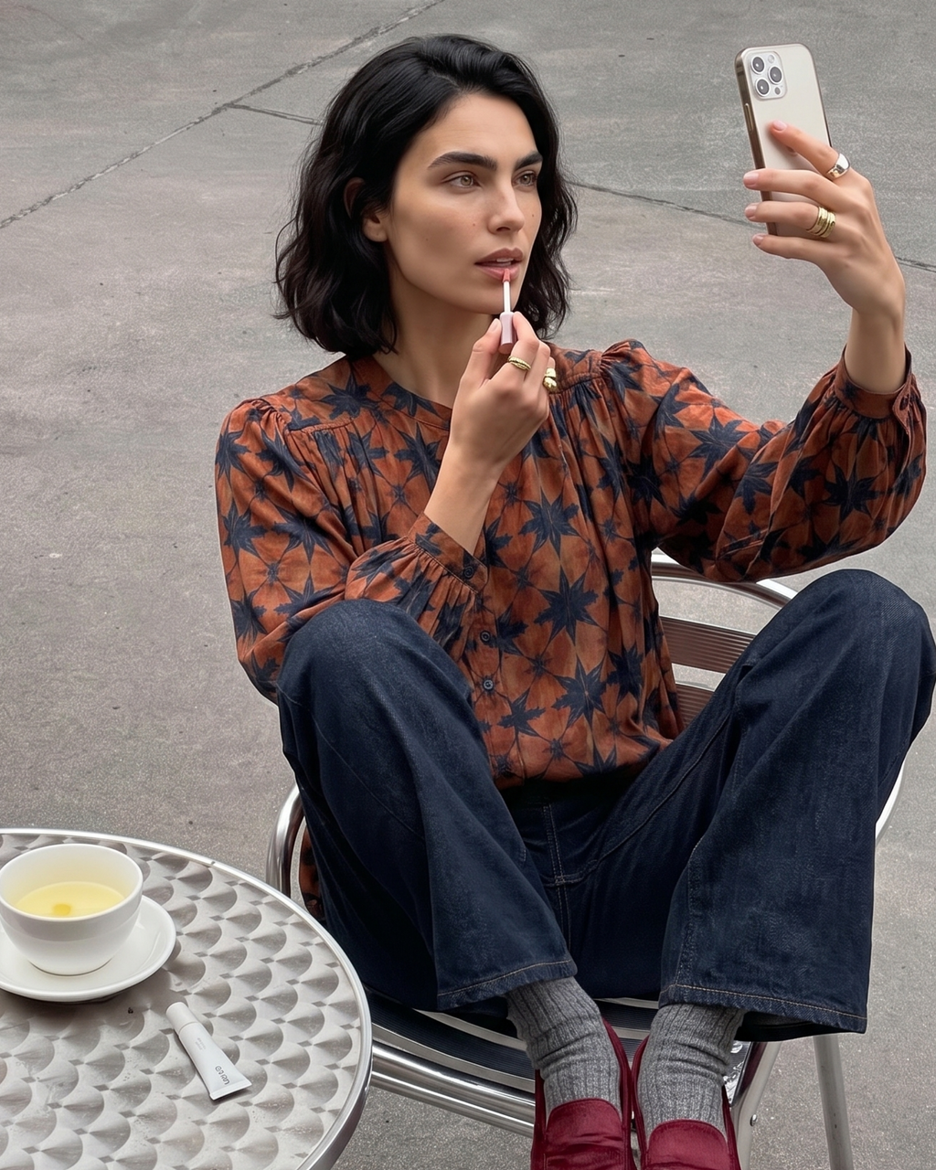 Camisa de mujer estampada cuello mao