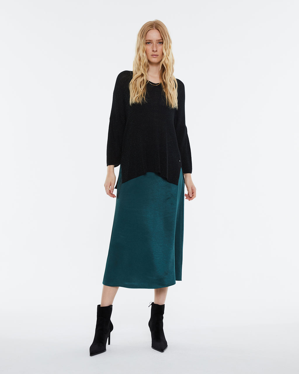 Satin midi skirt with elastic waist.