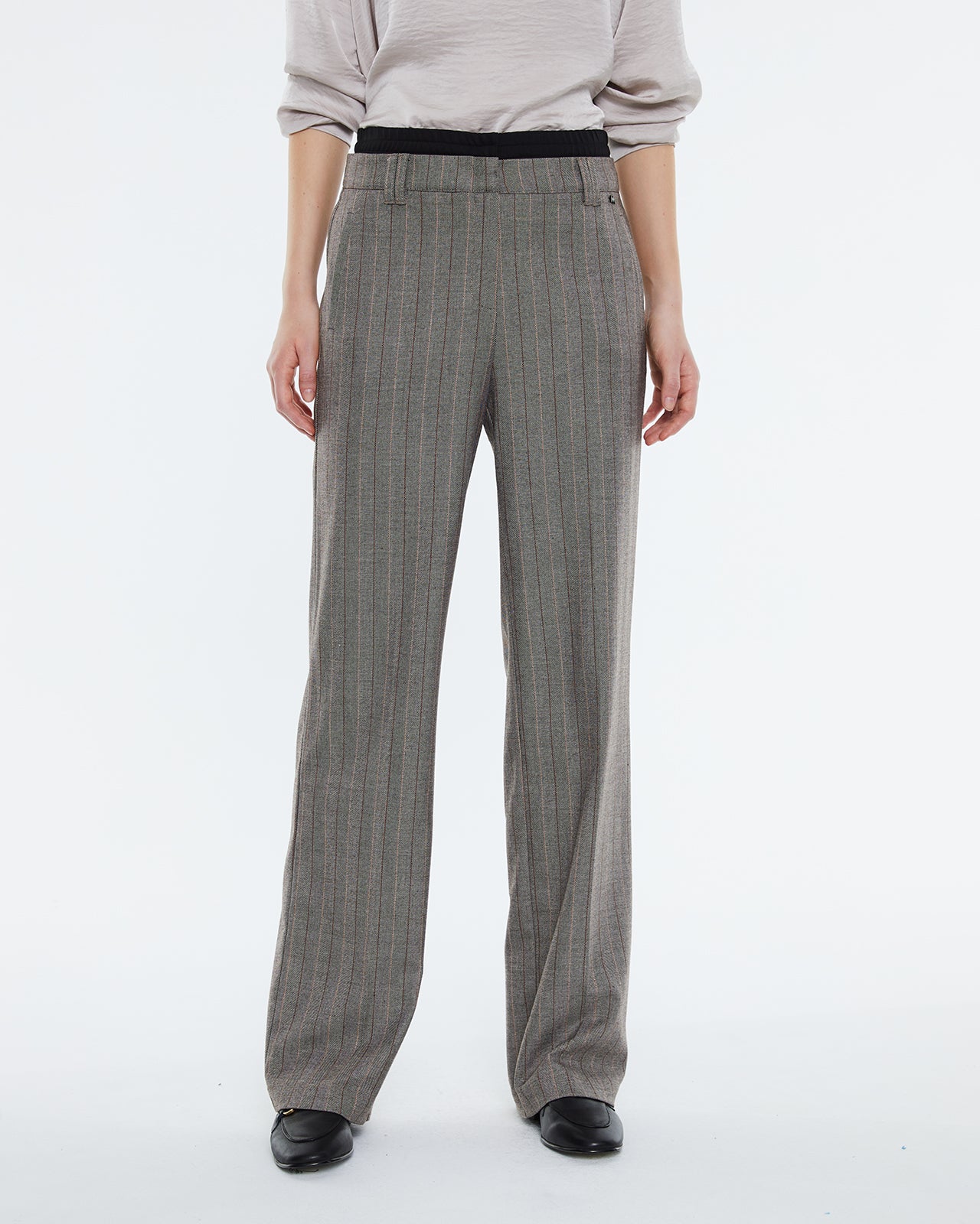 Women's straight trousers, high waist, stripe print.