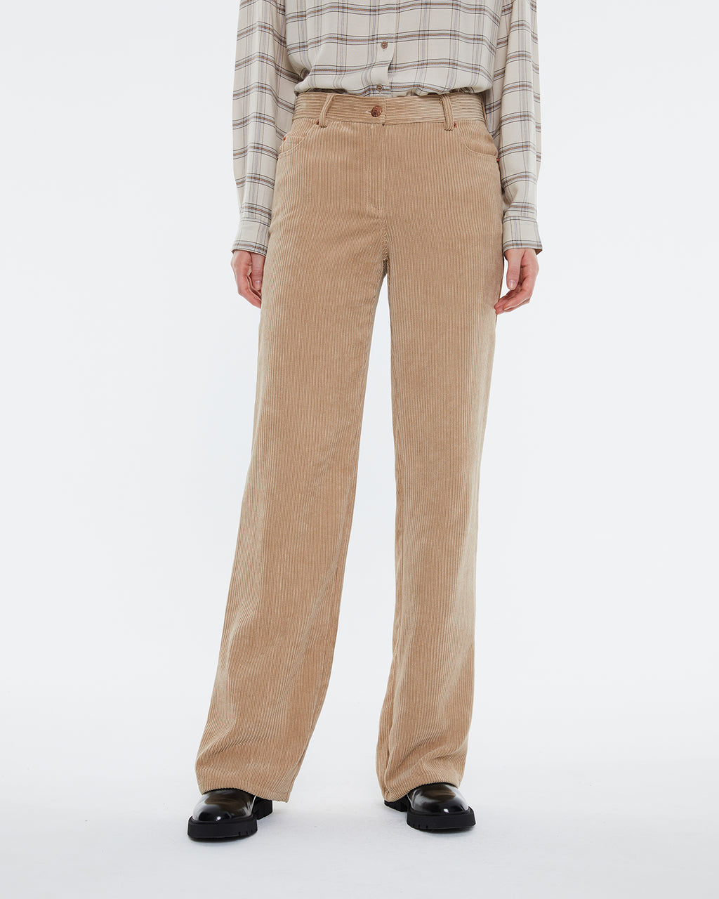 Women's wide-leg corduroy pants, high waist, five pockets.