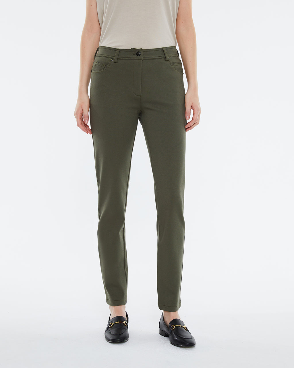 Women's skinny knit trousers, high waist, five pockets.