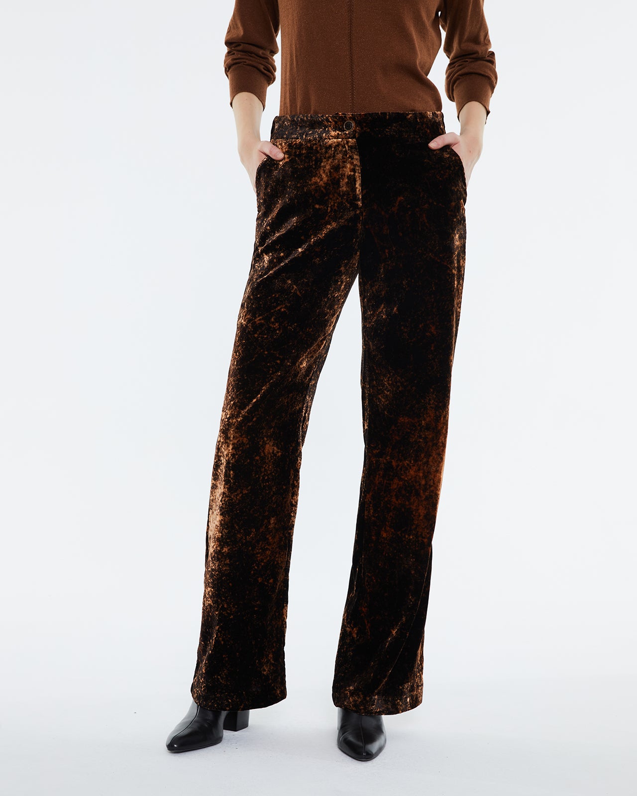 Women's straight trousers in hand-dyed batik velvet.