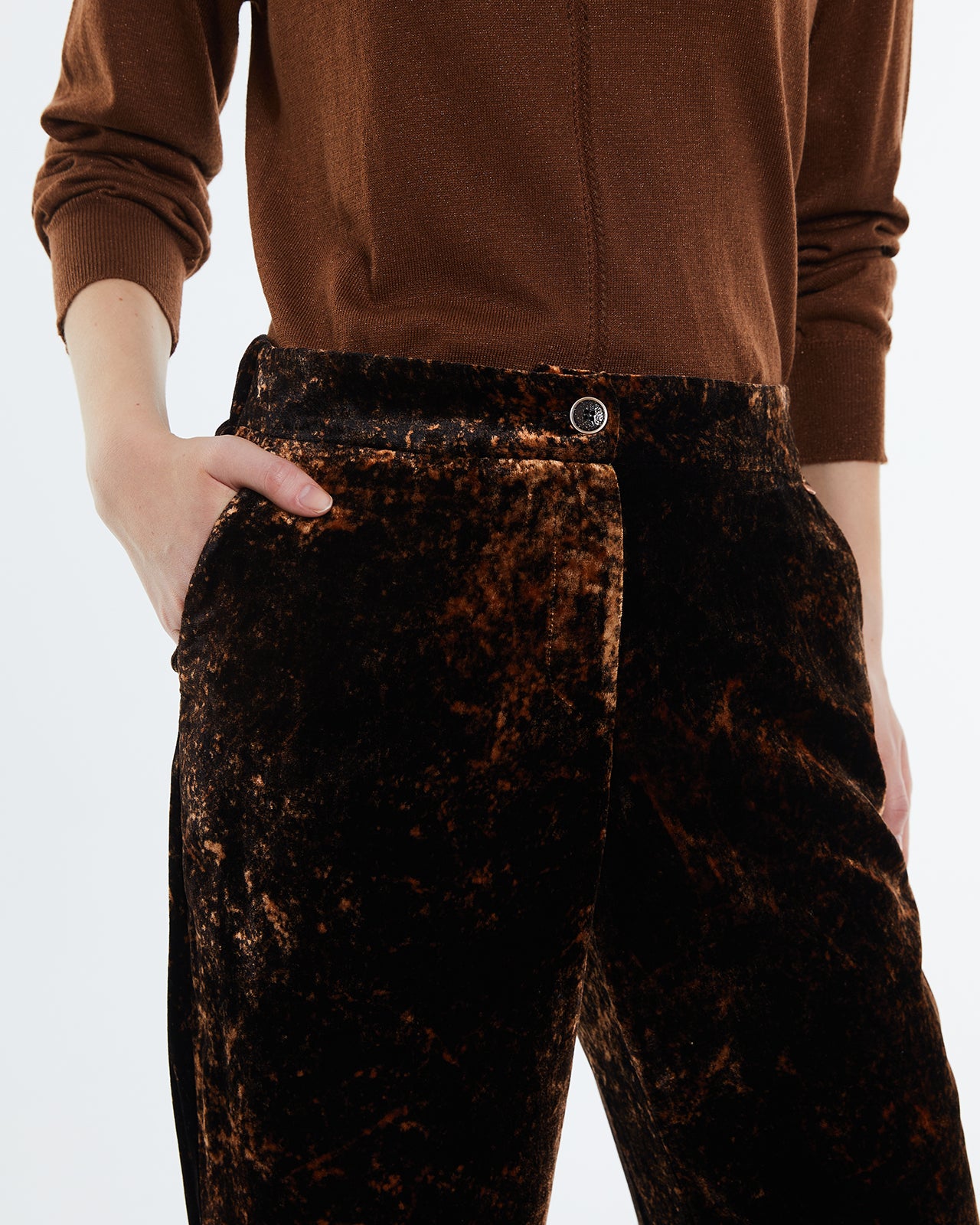 Women's straight trousers in hand-dyed batik velvet.