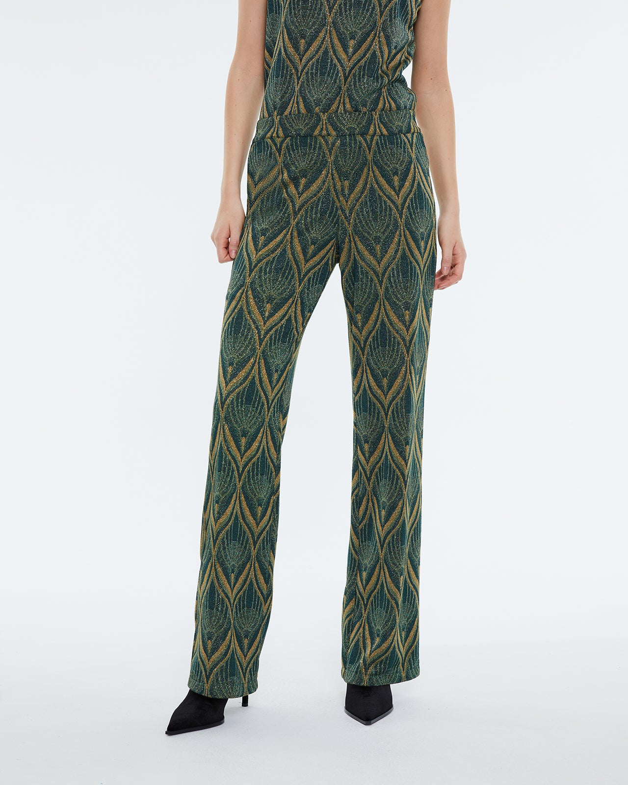 Women's straight trousers, in printed knit, high waist and elastic waistband.