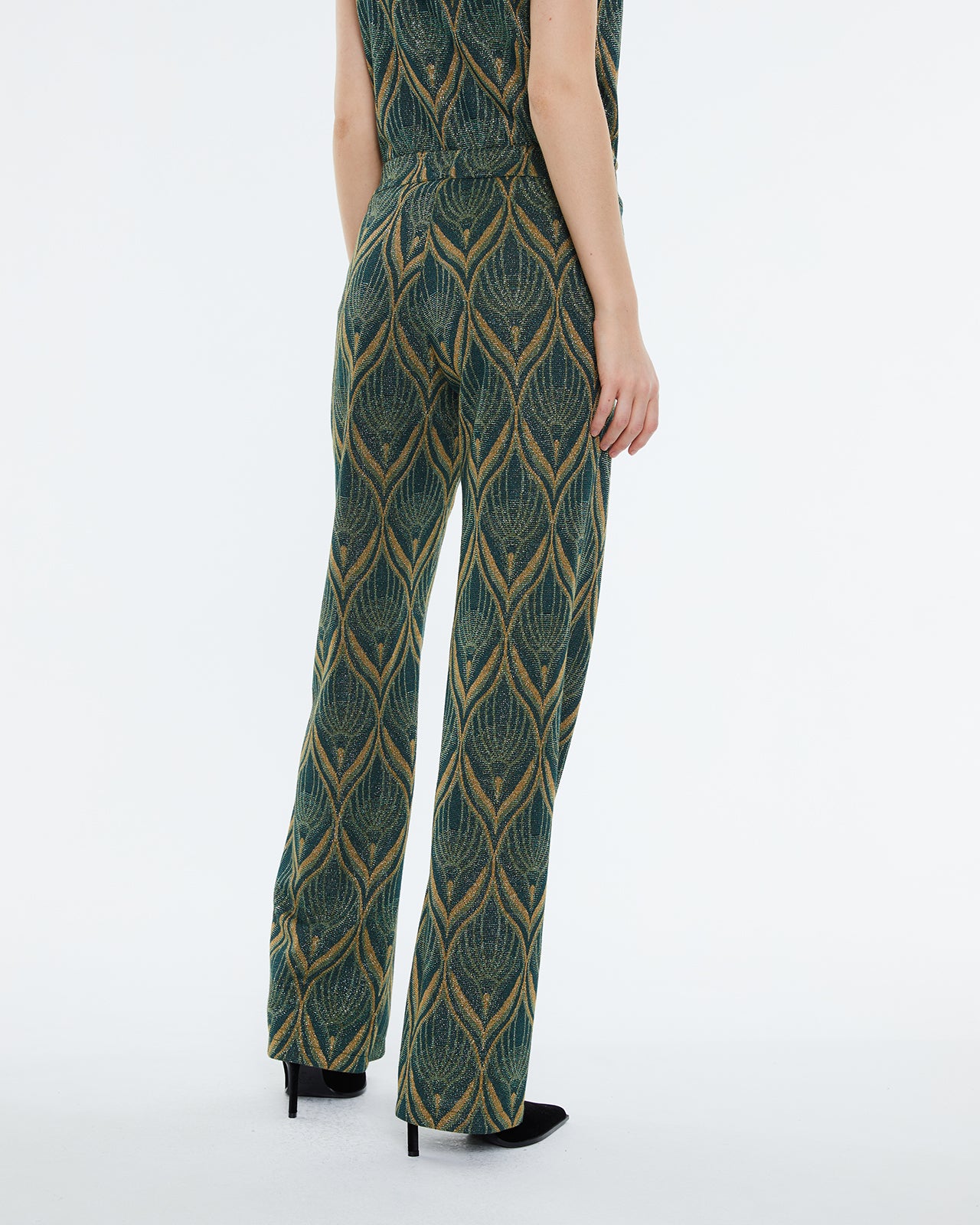 Women's straight trousers, in printed knit, high waist and elastic waistband.