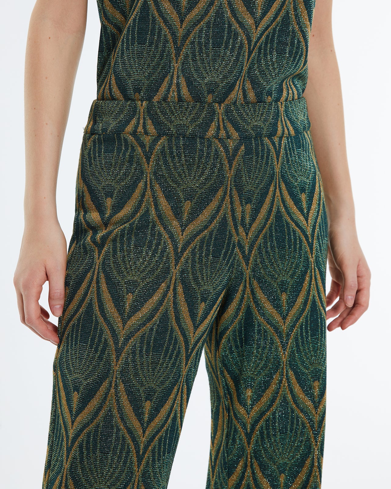 Women's straight trousers, in printed knit, high waist and elastic waistband.