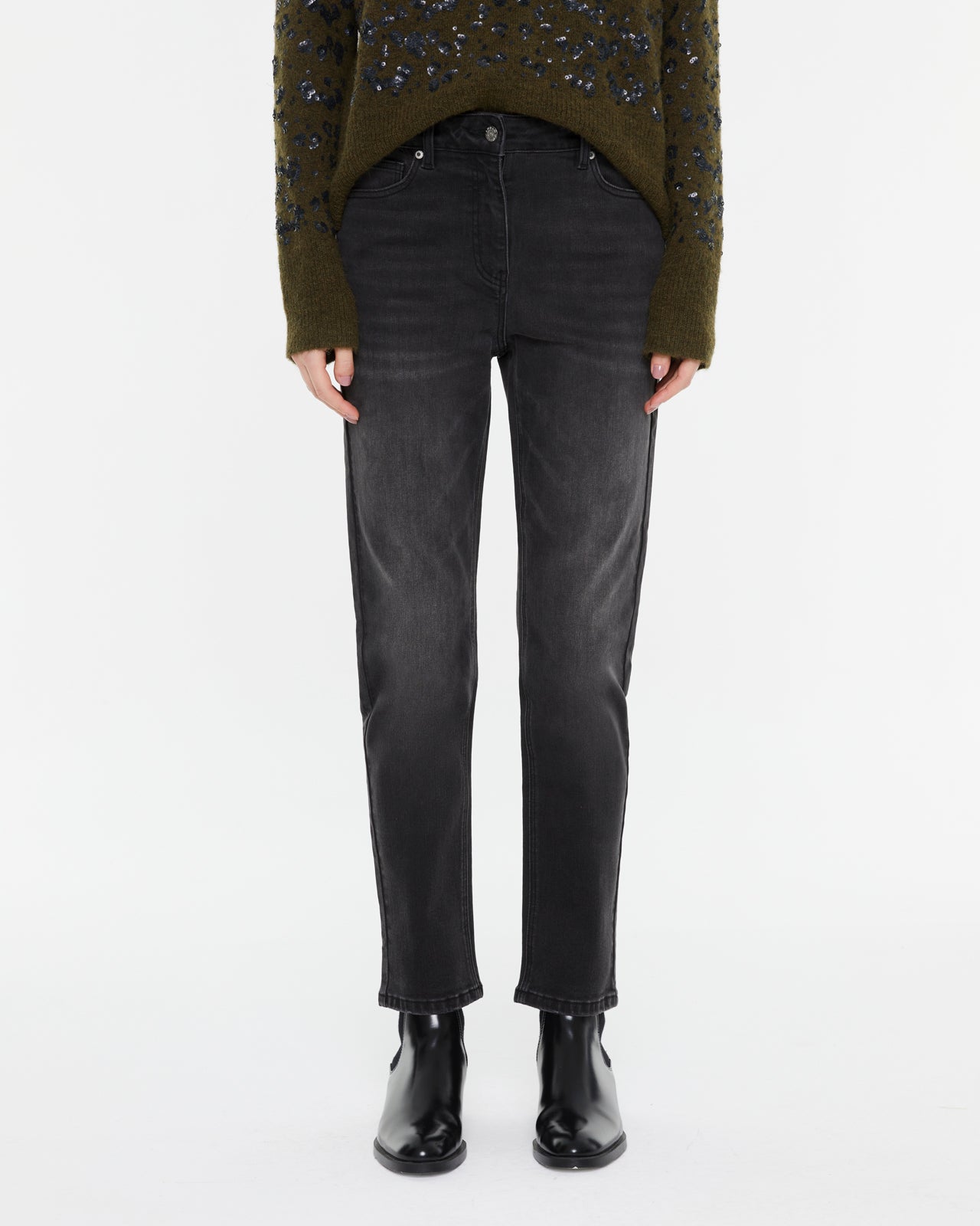 Women's straight-leg jeans with a high waist and zipper closure