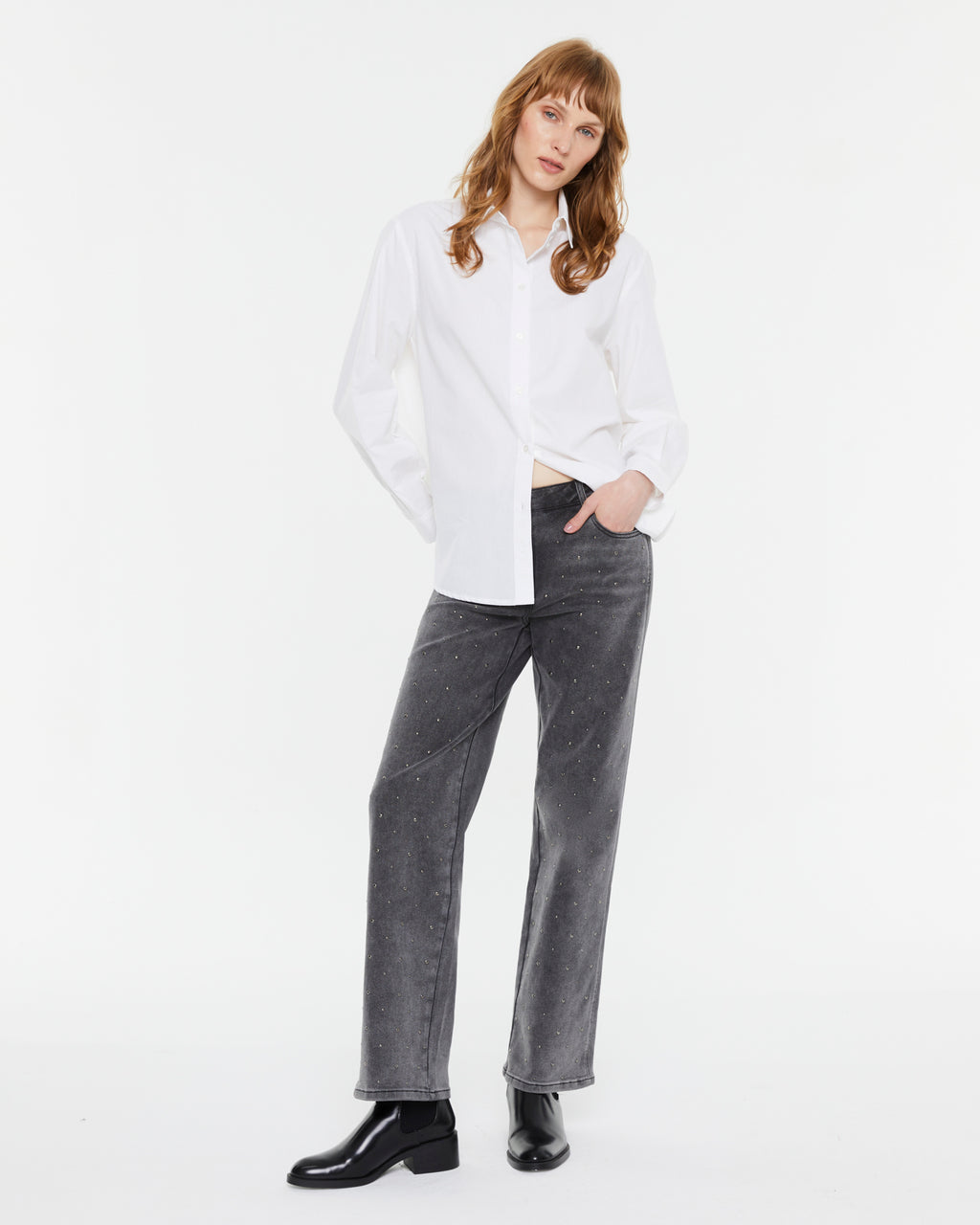 Damen High Waist Wide Leg Jeans mit Nieten