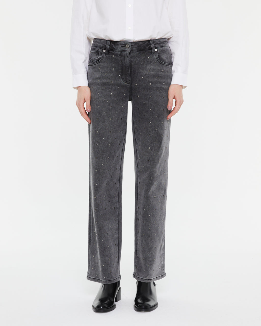 Damen High Waist Wide Leg Jeans mit Nieten