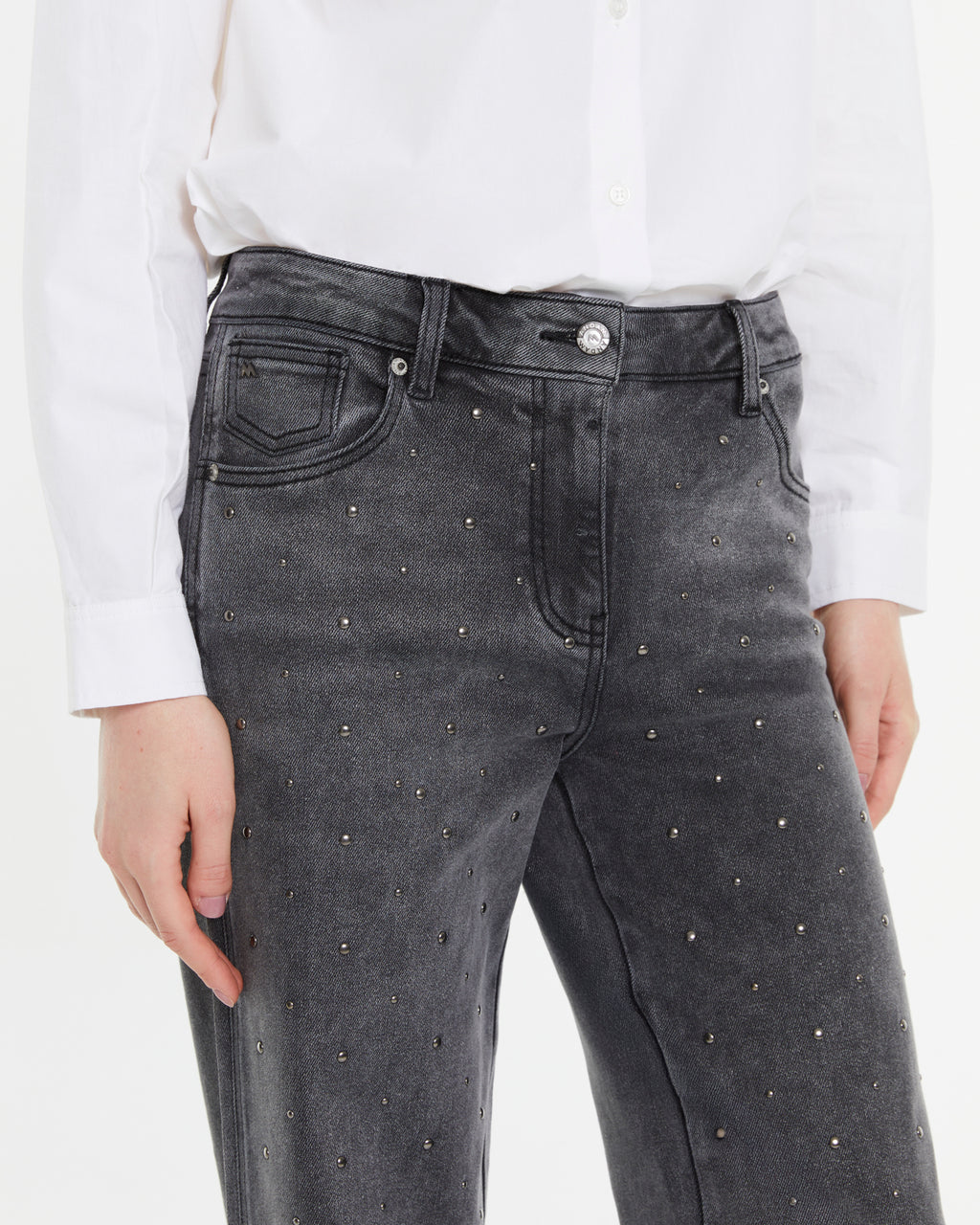 Damen High Waist Wide Leg Jeans mit Nieten