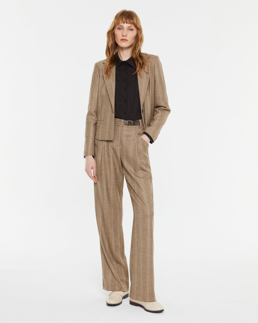 High-waisted pinstripe wide-leg trousers with pleats