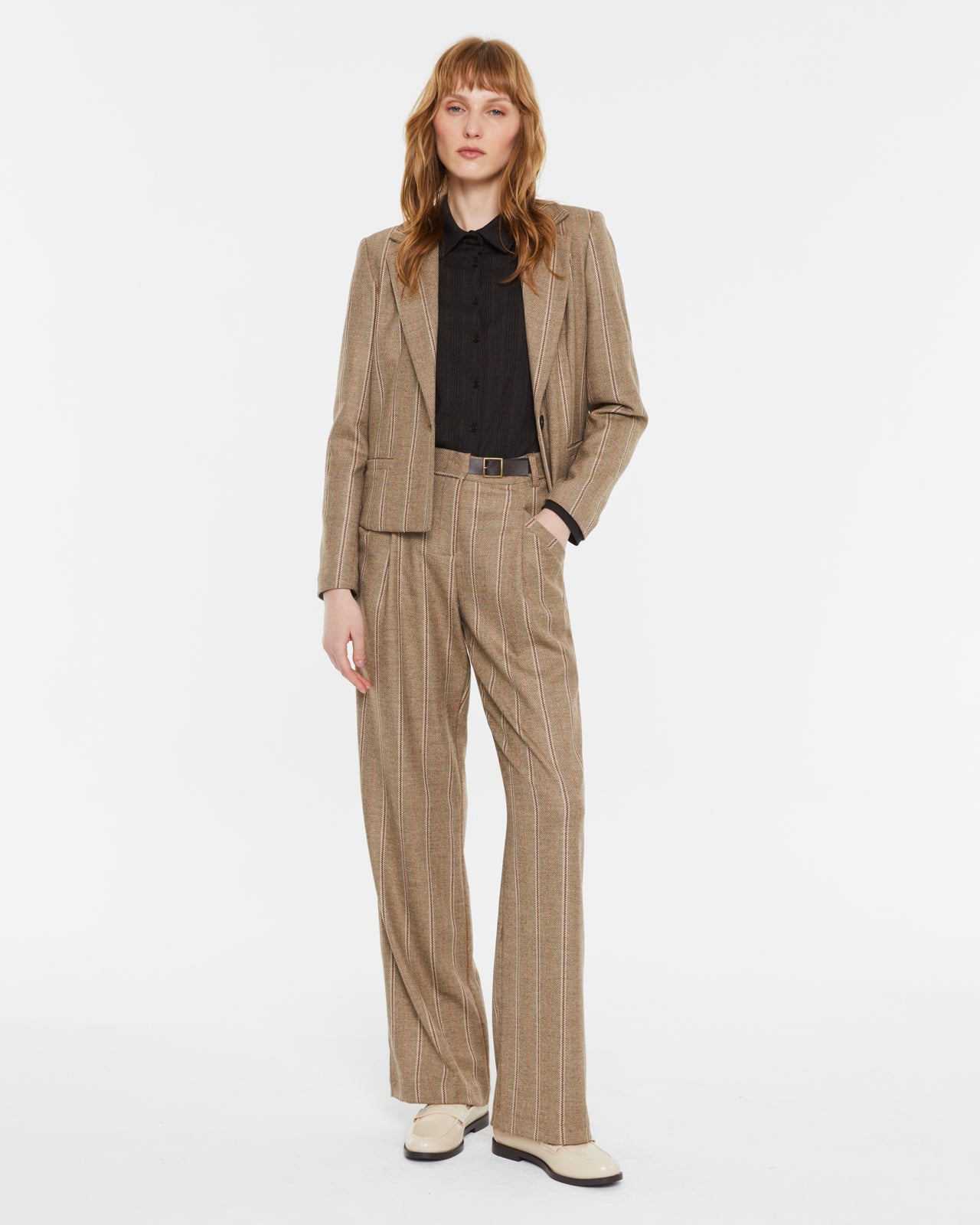 High-waisted pinstripe wide-leg trousers with pleats
