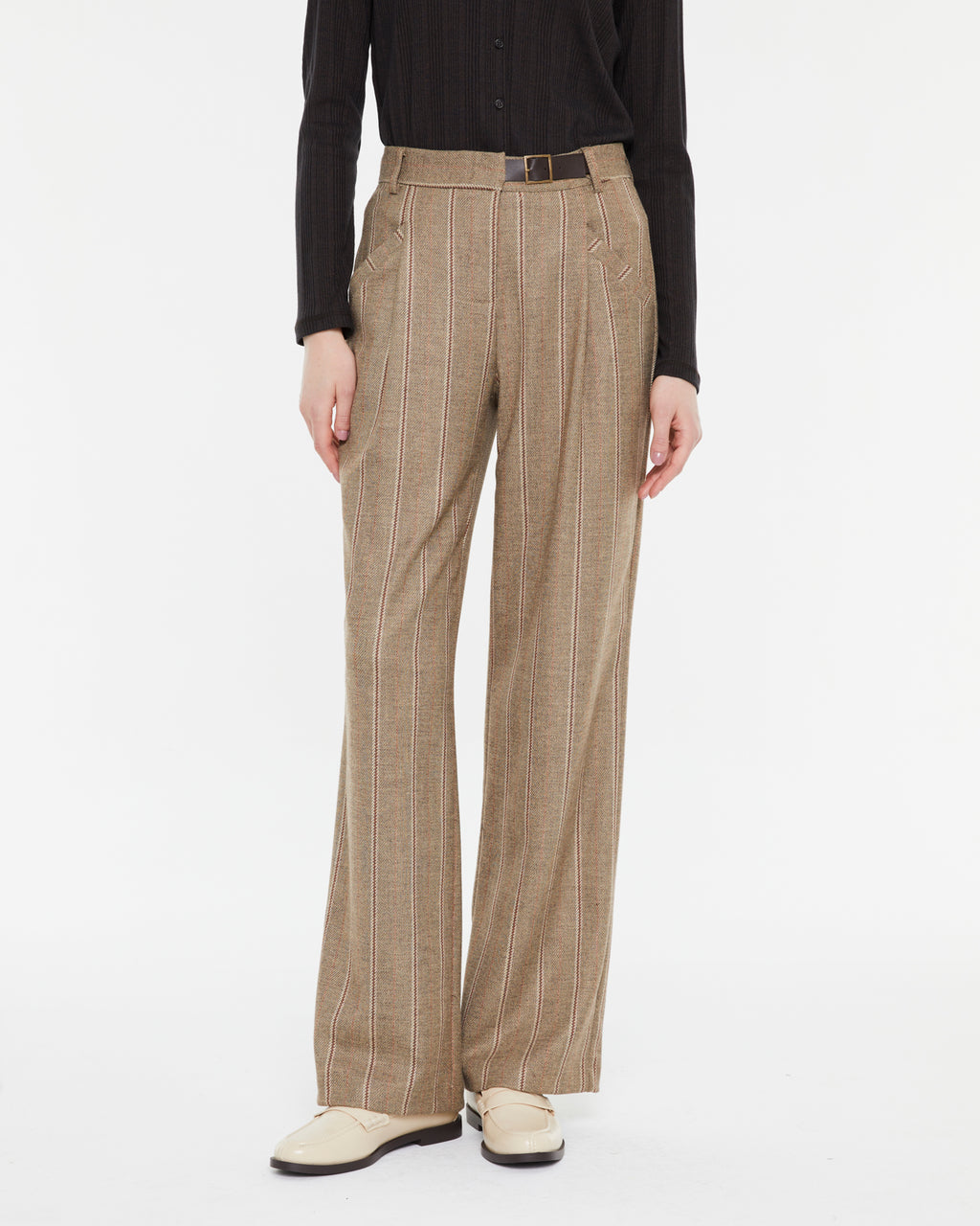 High-waisted pinstripe wide-leg trousers with pleats