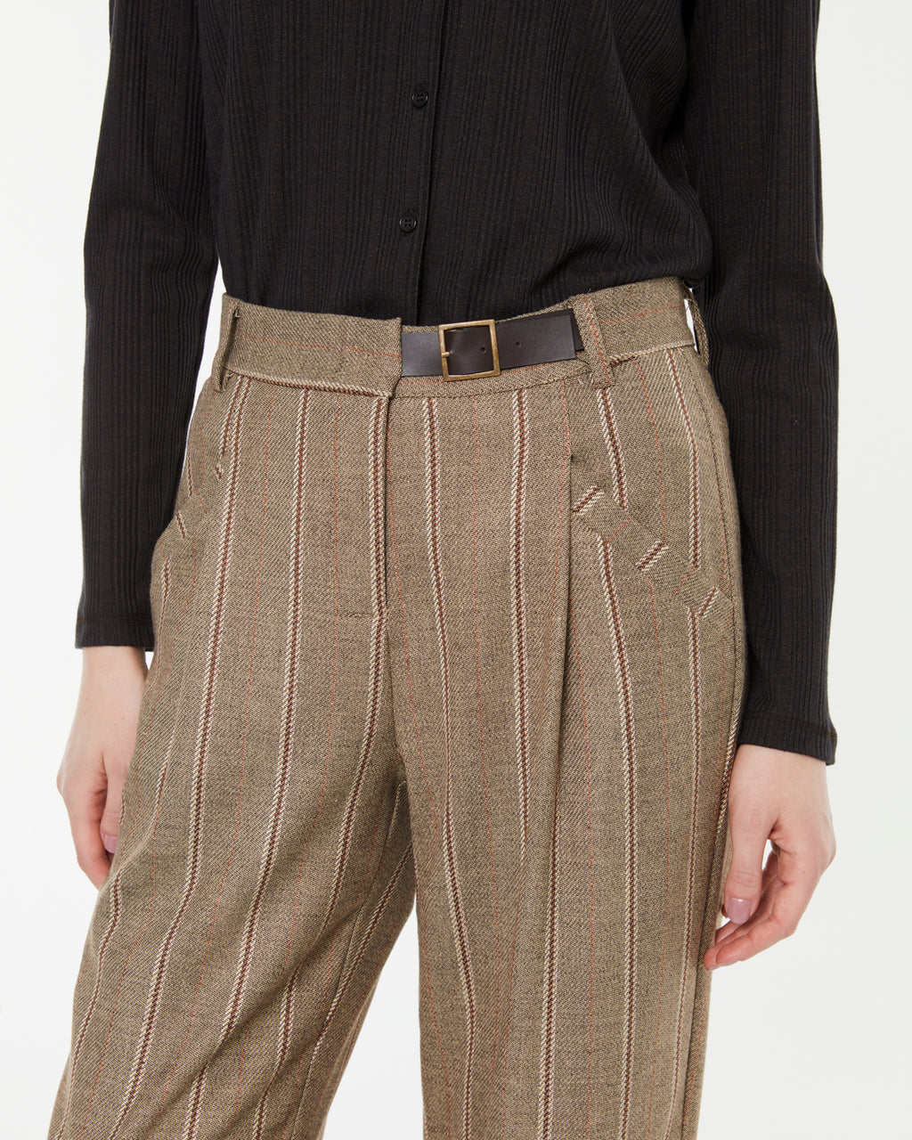 High-waisted pinstripe wide-leg trousers with pleats
