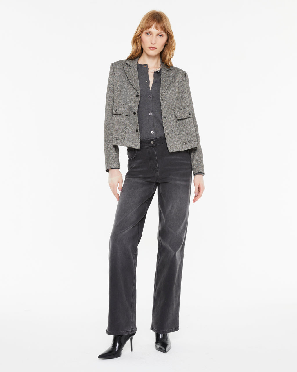 Short women's herringbone print jacket