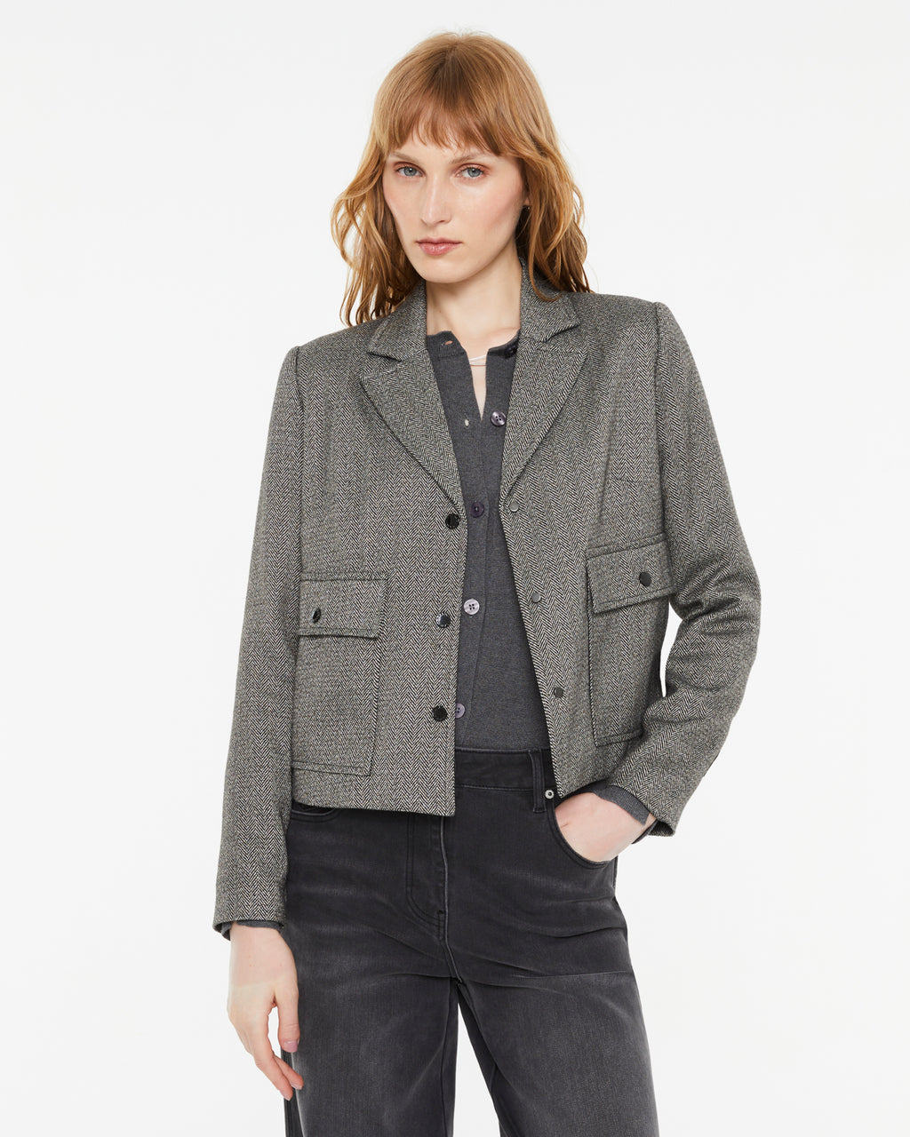 Short women's herringbone print jacket