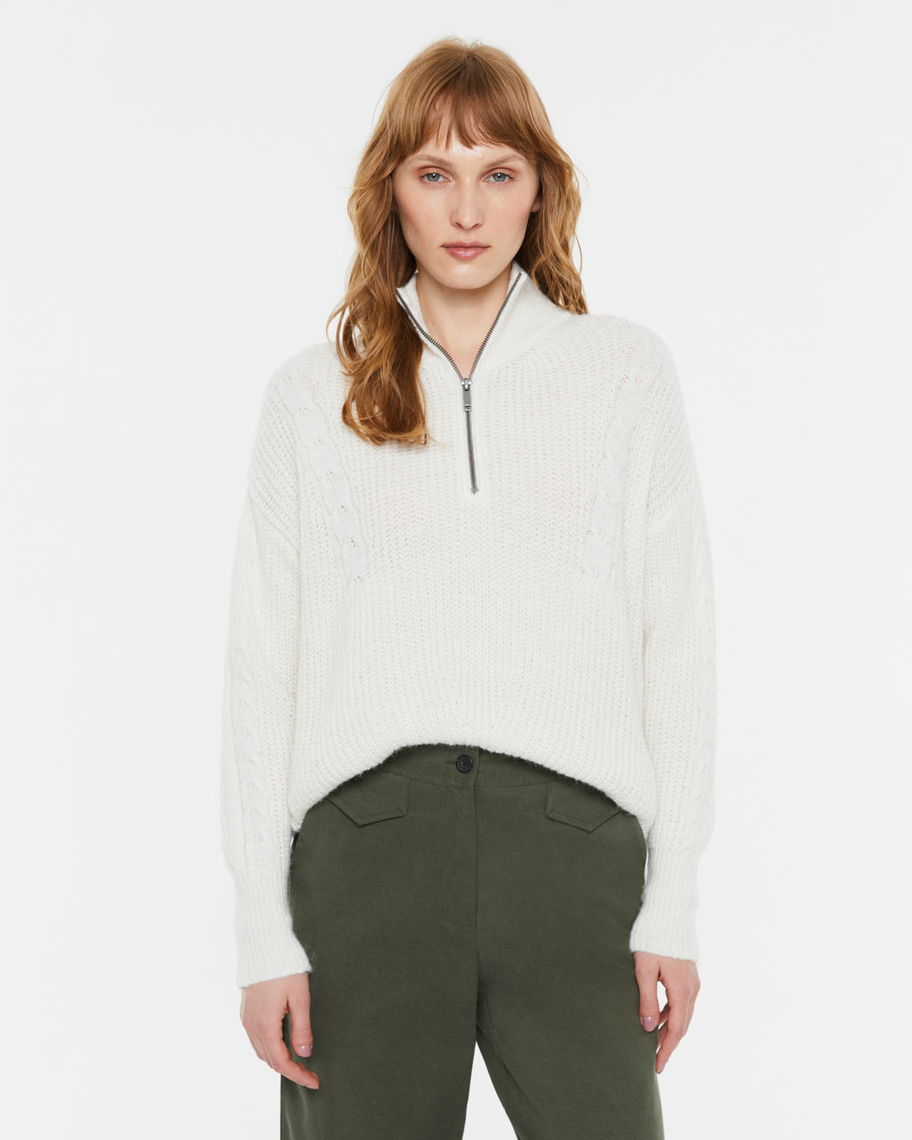 Damen Zopfmusterpullover mit Reißverschluss