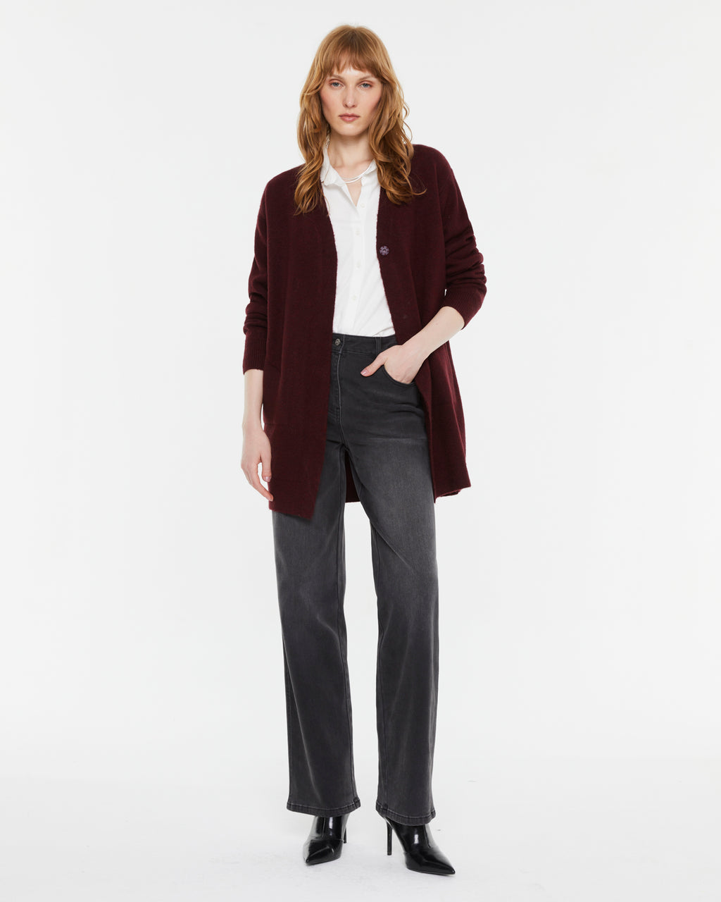 Cardigan de mujer largo con botón y bolsillos