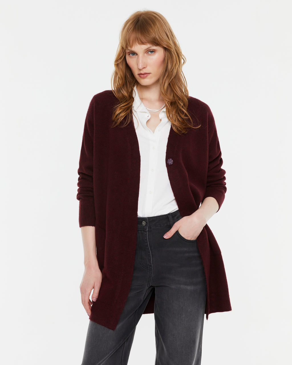 Cardigan de mujer largo con botón y bolsillos