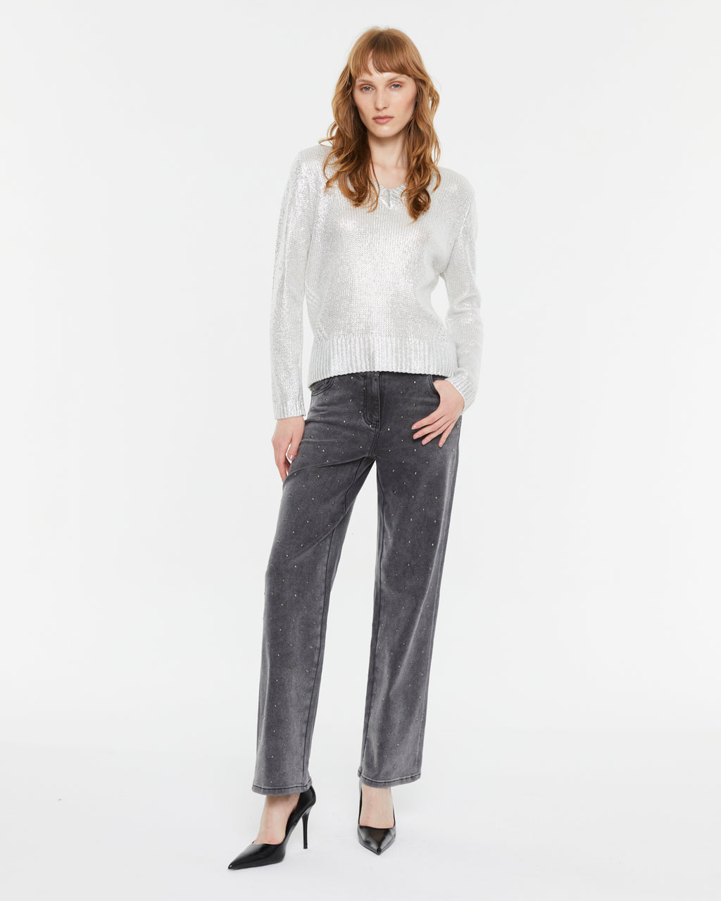 Women's silver laminated V-neck sweater