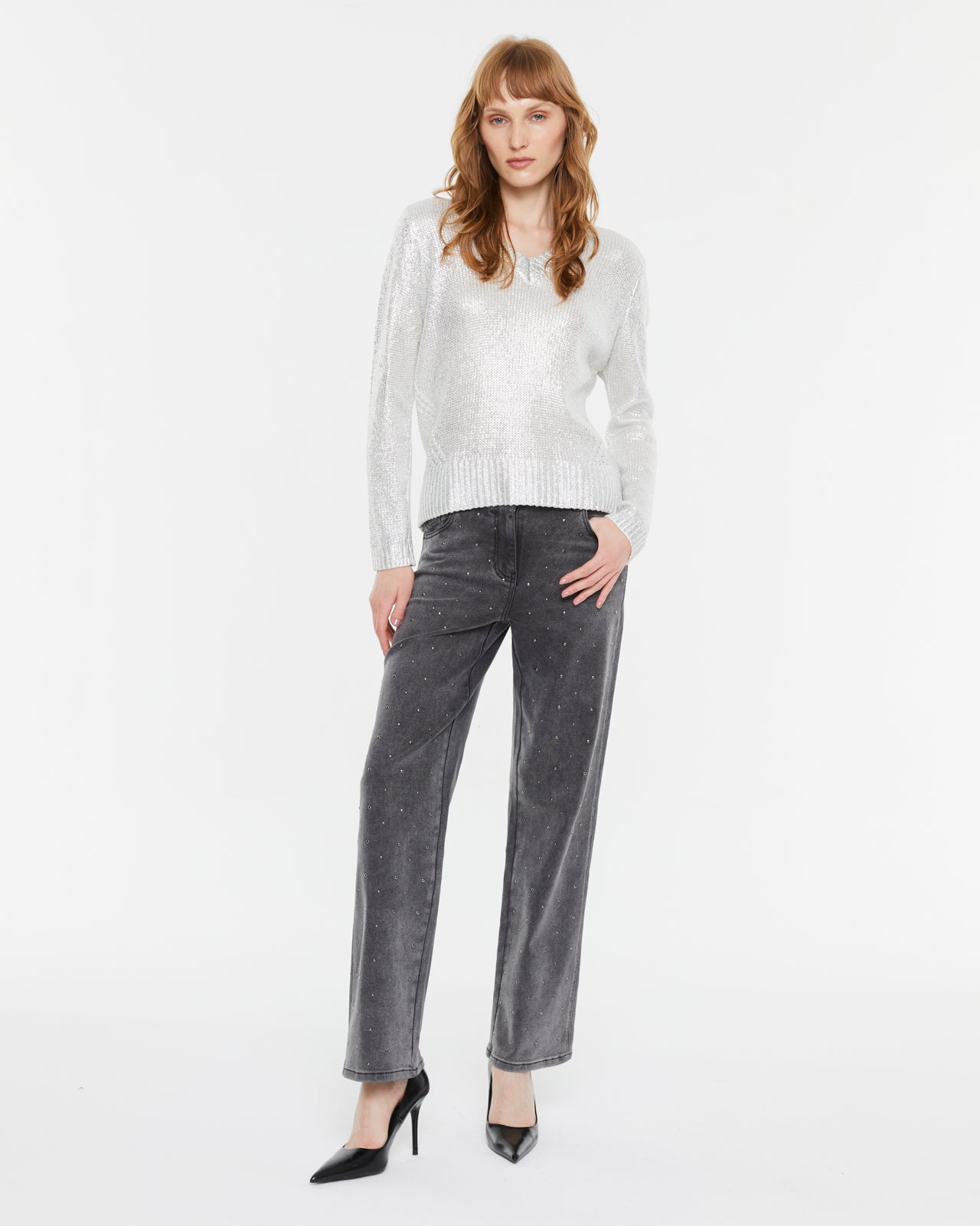 Women's silver laminated V-neck sweater