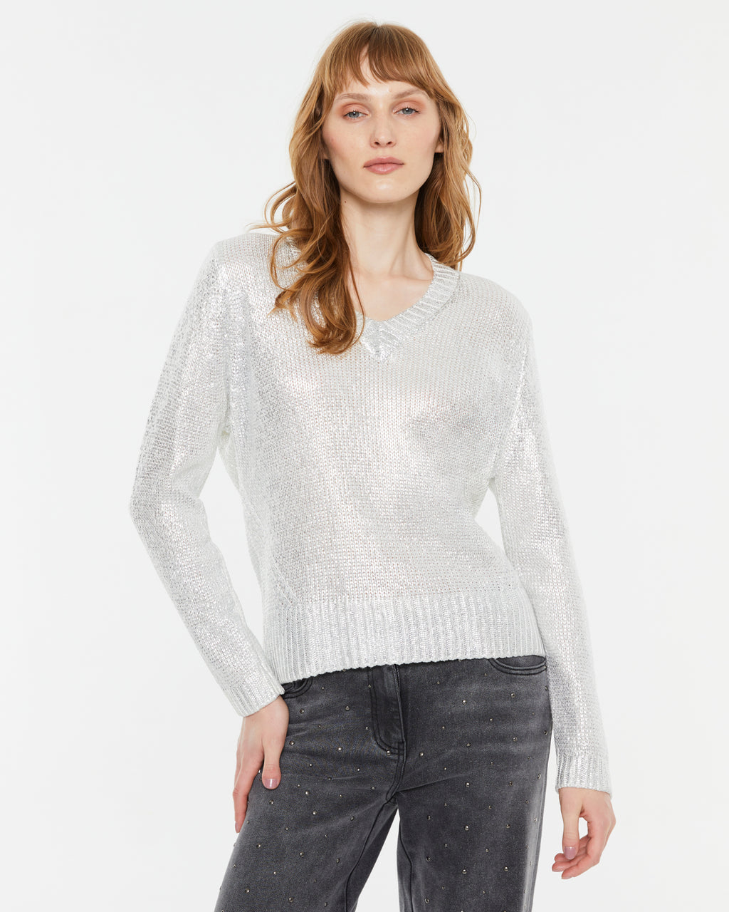 Women's silver laminated V-neck sweater