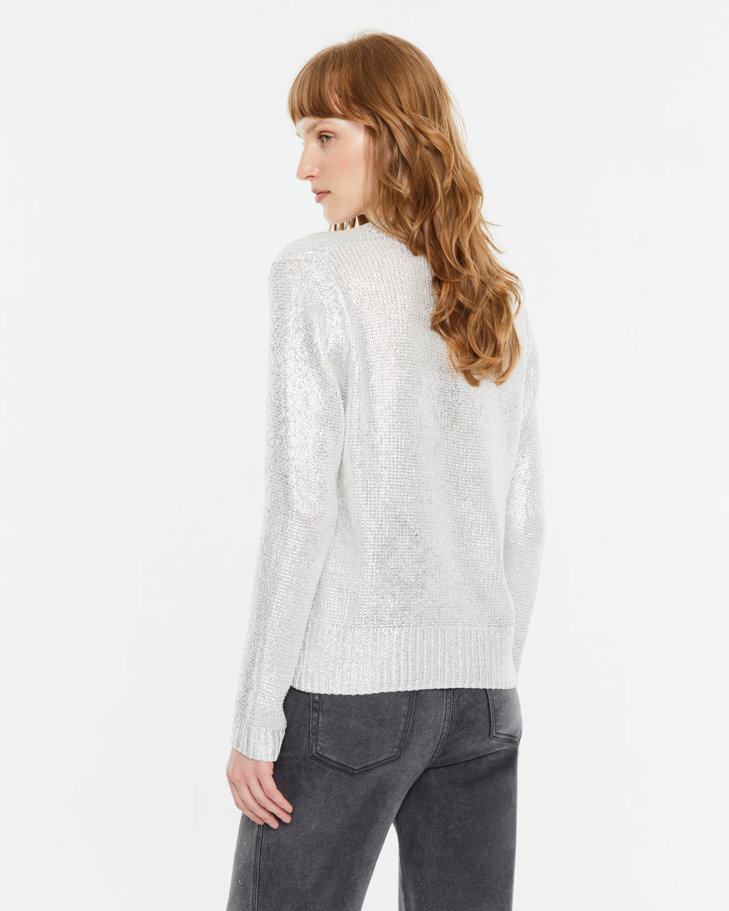 Women's silver laminated V-neck sweater