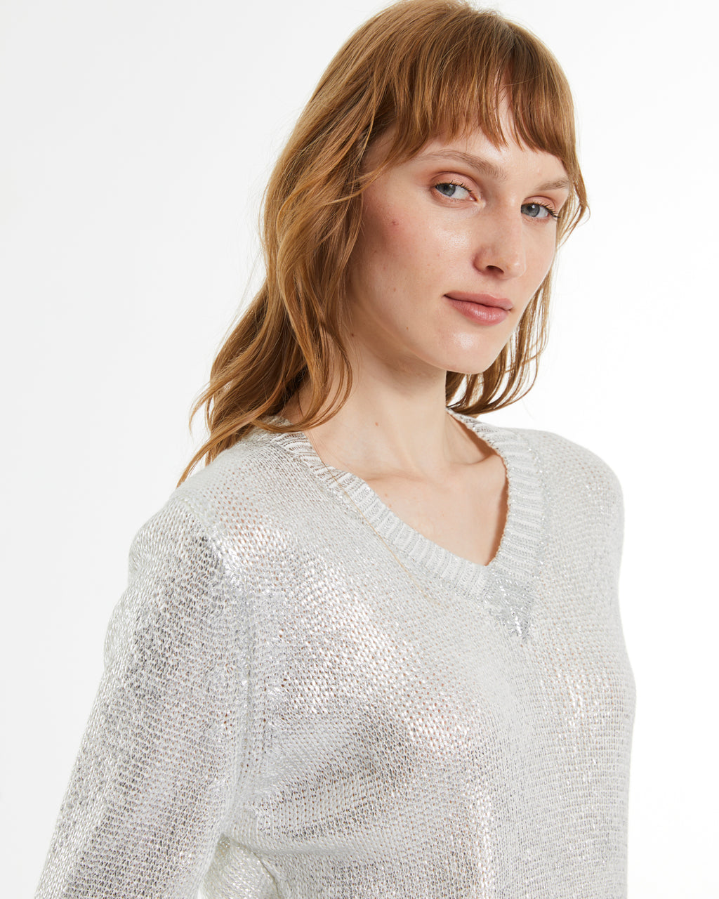 Women's silver laminated V-neck sweater