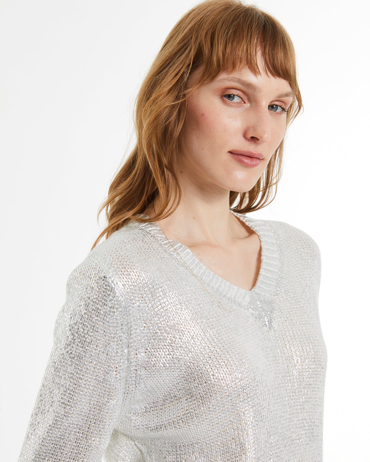 Women's silver laminated V-neck sweater