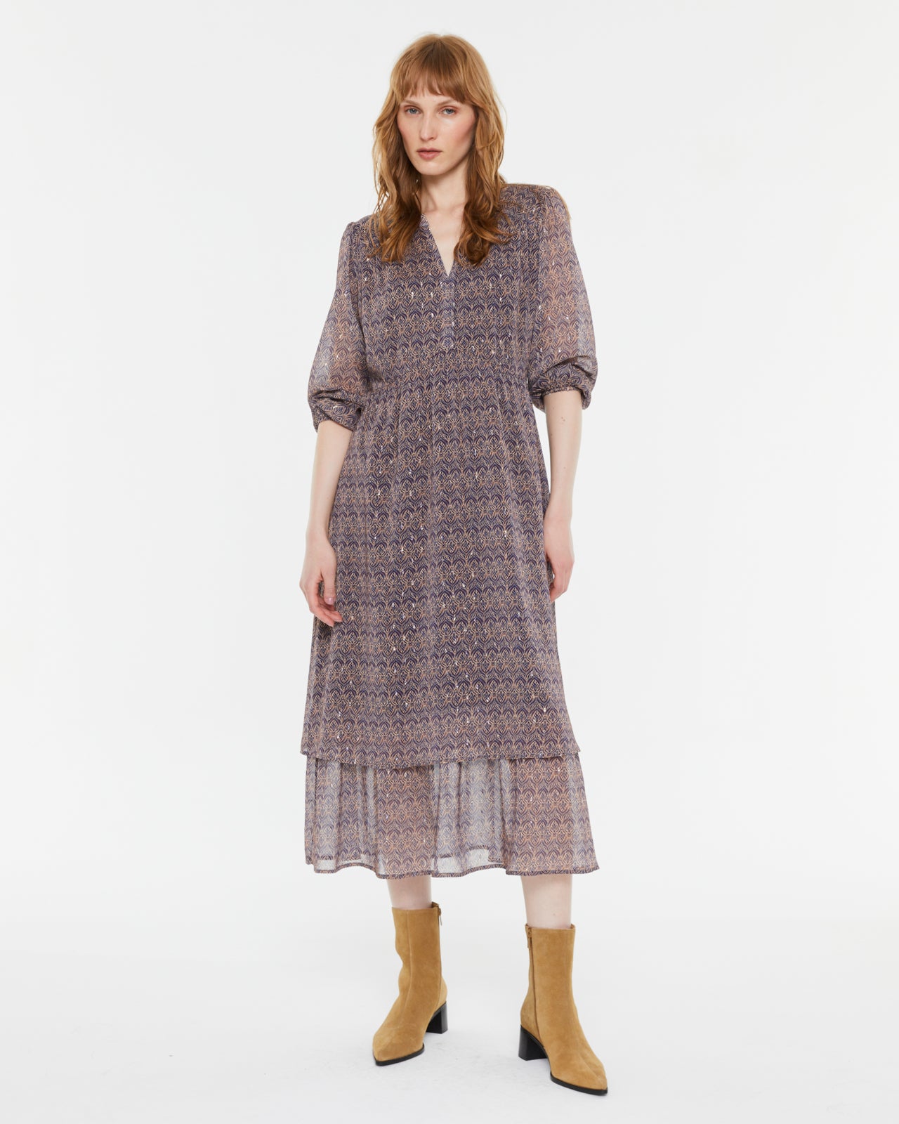 Vestido midi estampado con volante