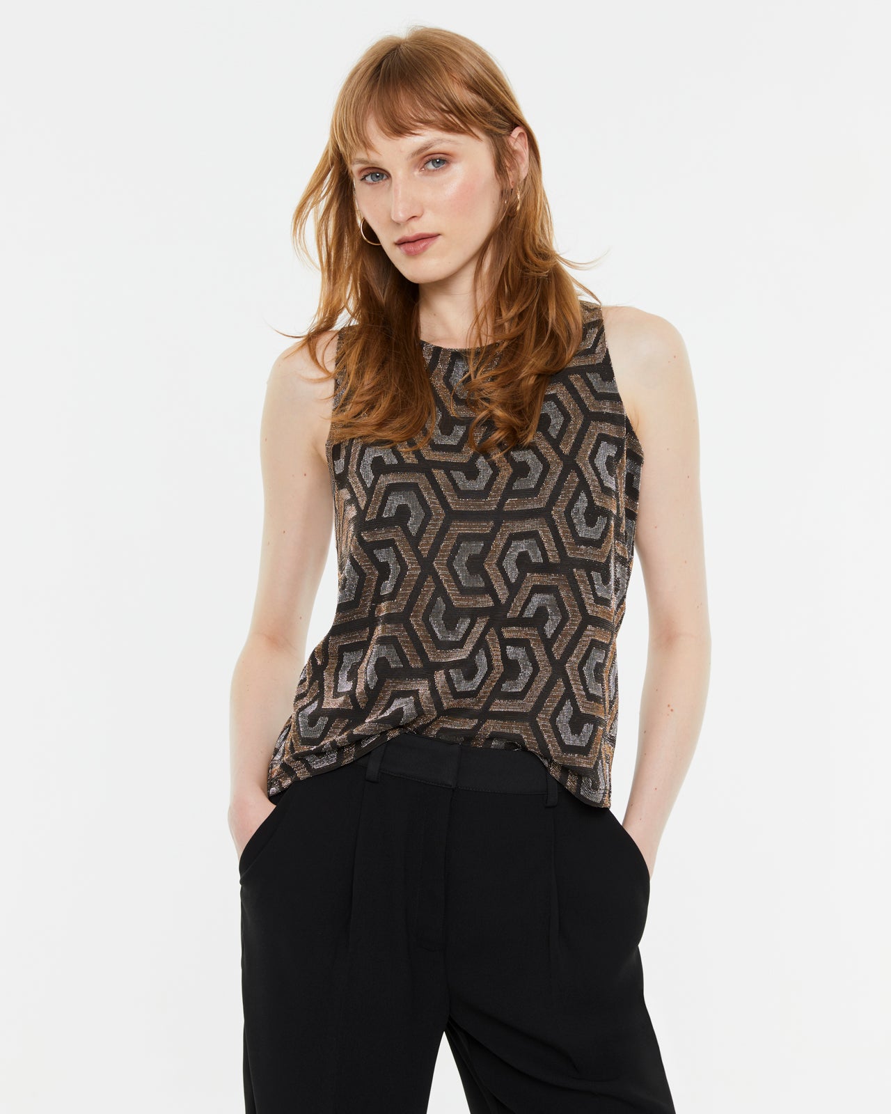 Camiseta punto jacquard geométrico sin mangas