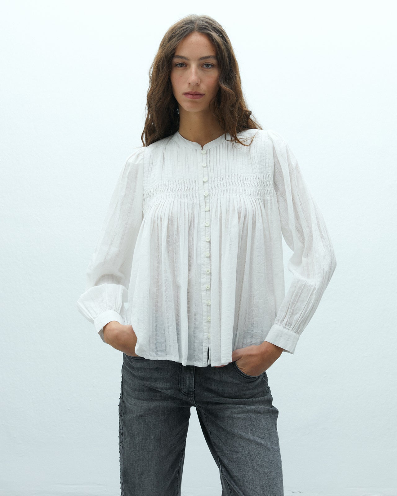 Camisa de mujer manga larga cuello mao