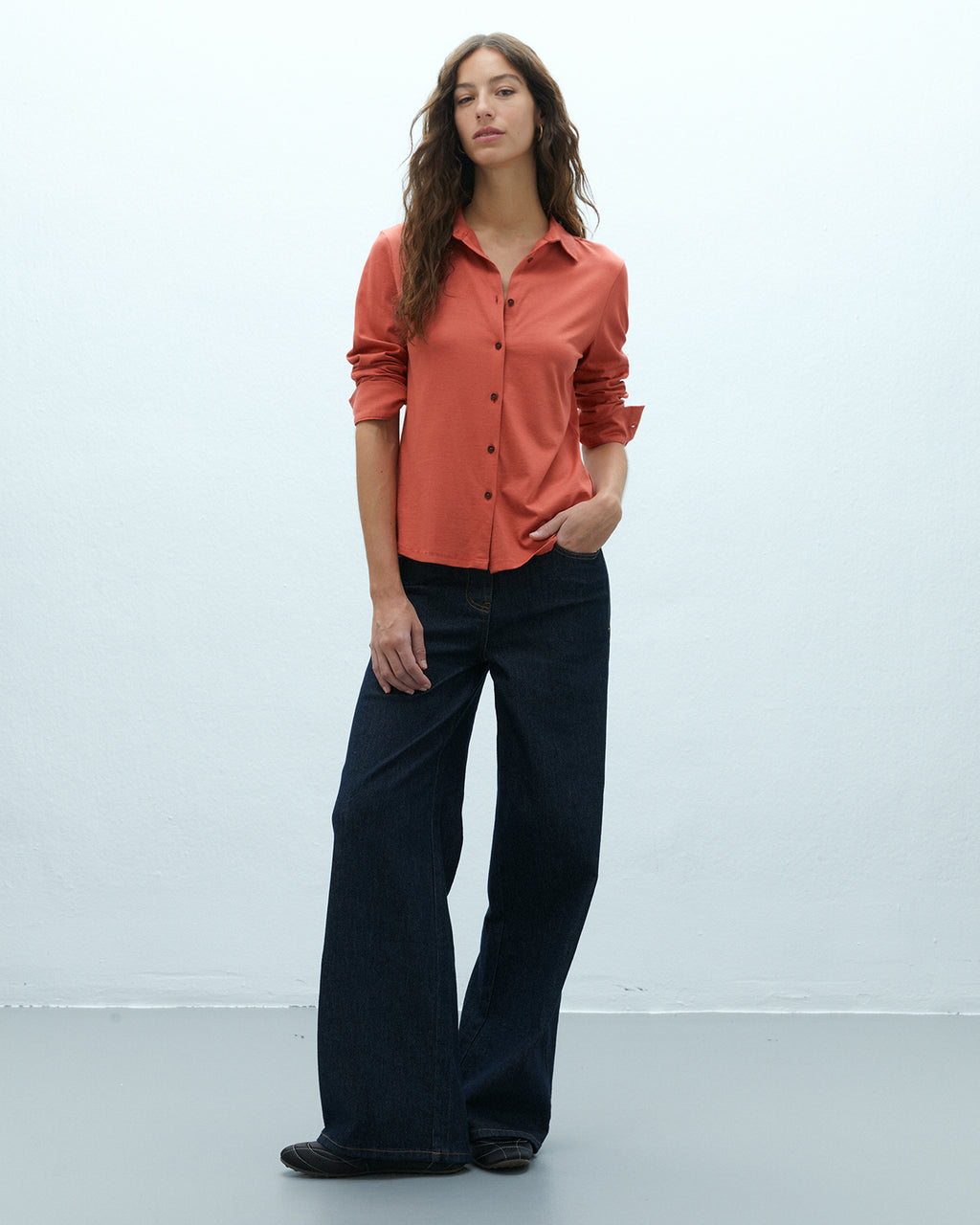 Camisa de mujer en punto liso manga larga