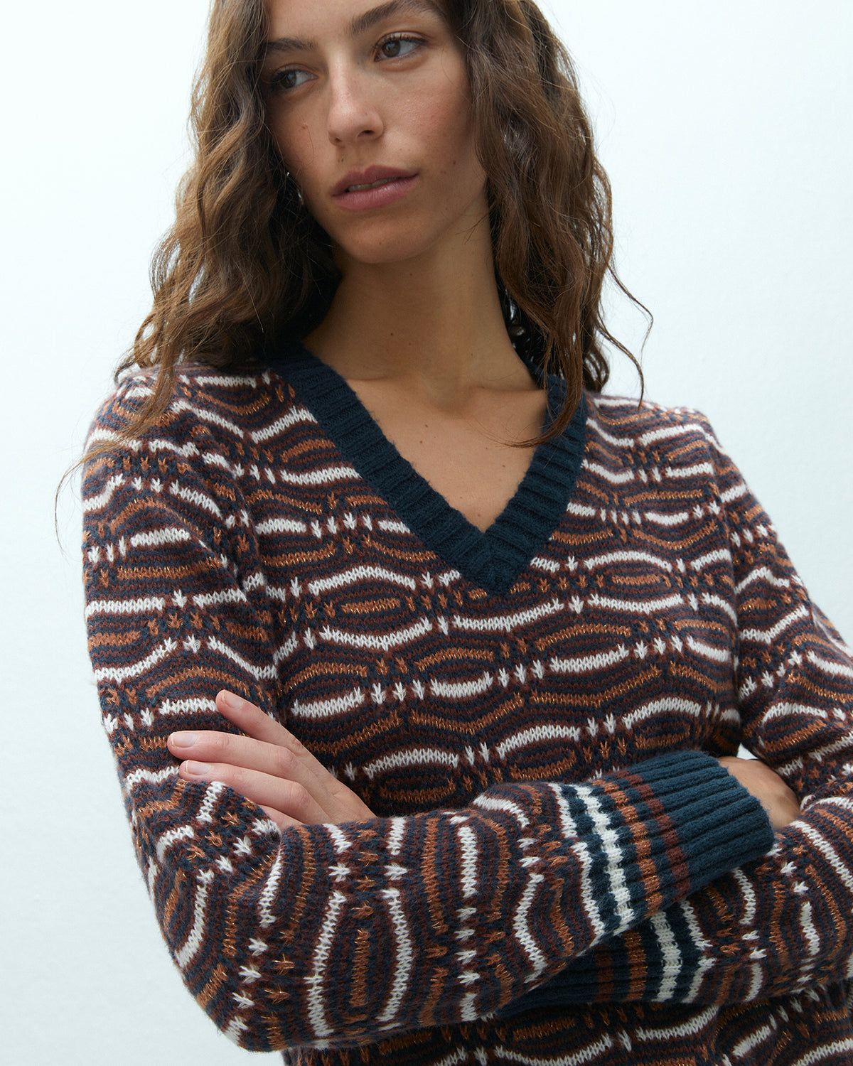 Jersey de mujer estampado cuello pico manga larga