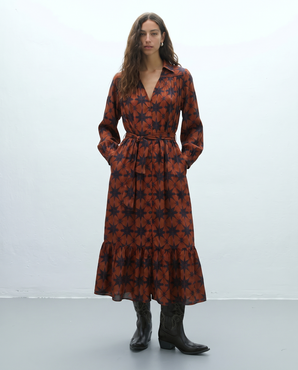 Vestido largo camisero estampado geométrico