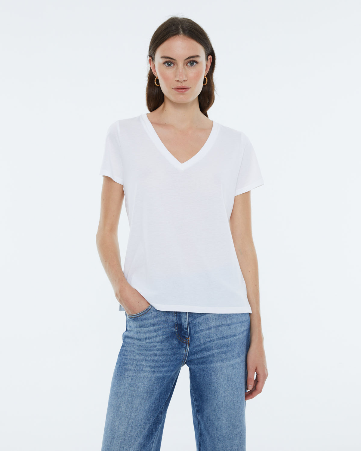 White Camiseta Basica Escote Pico Algodón Camiseta Basica Pico