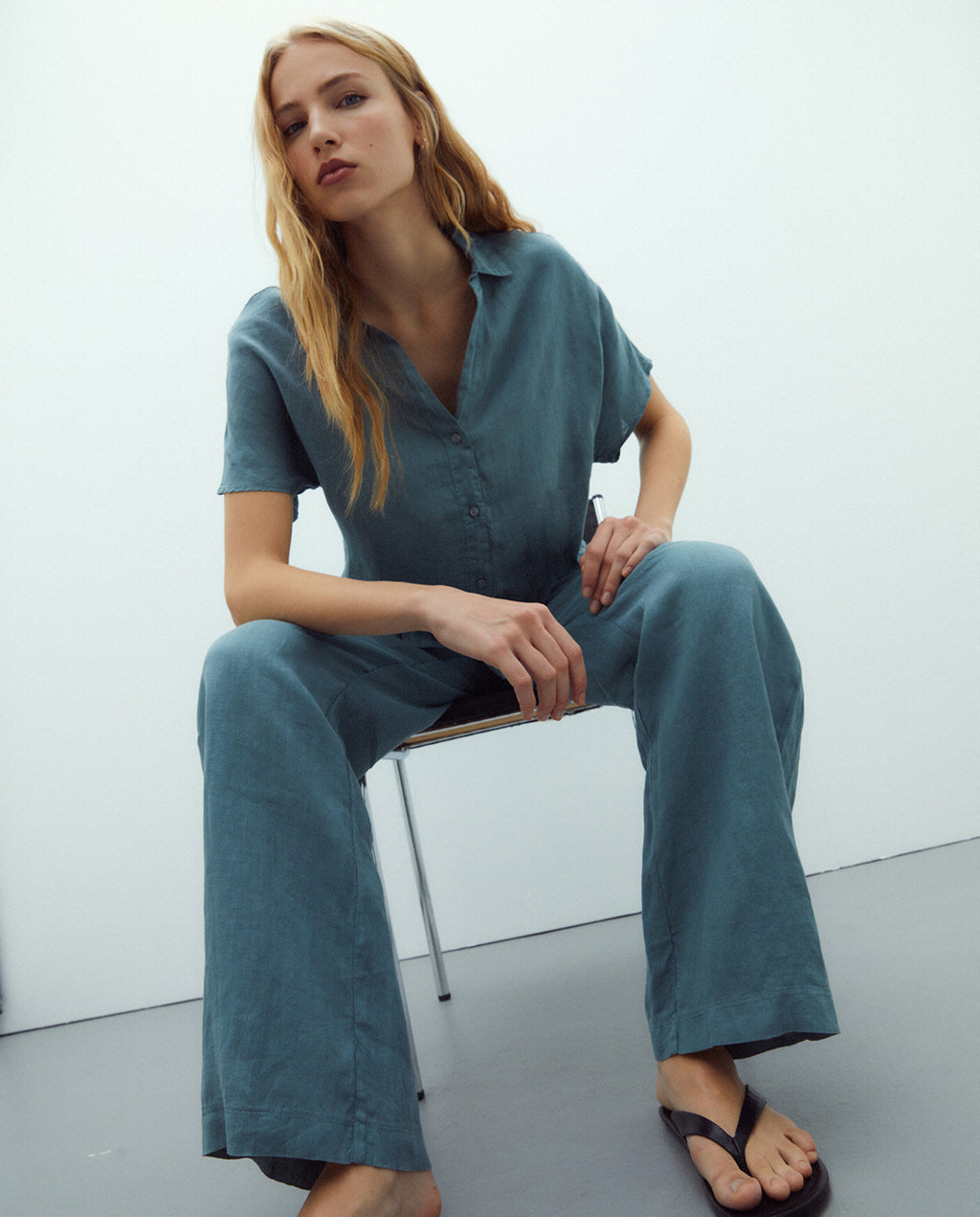 Camisa de mujer en lino 100% manga corta