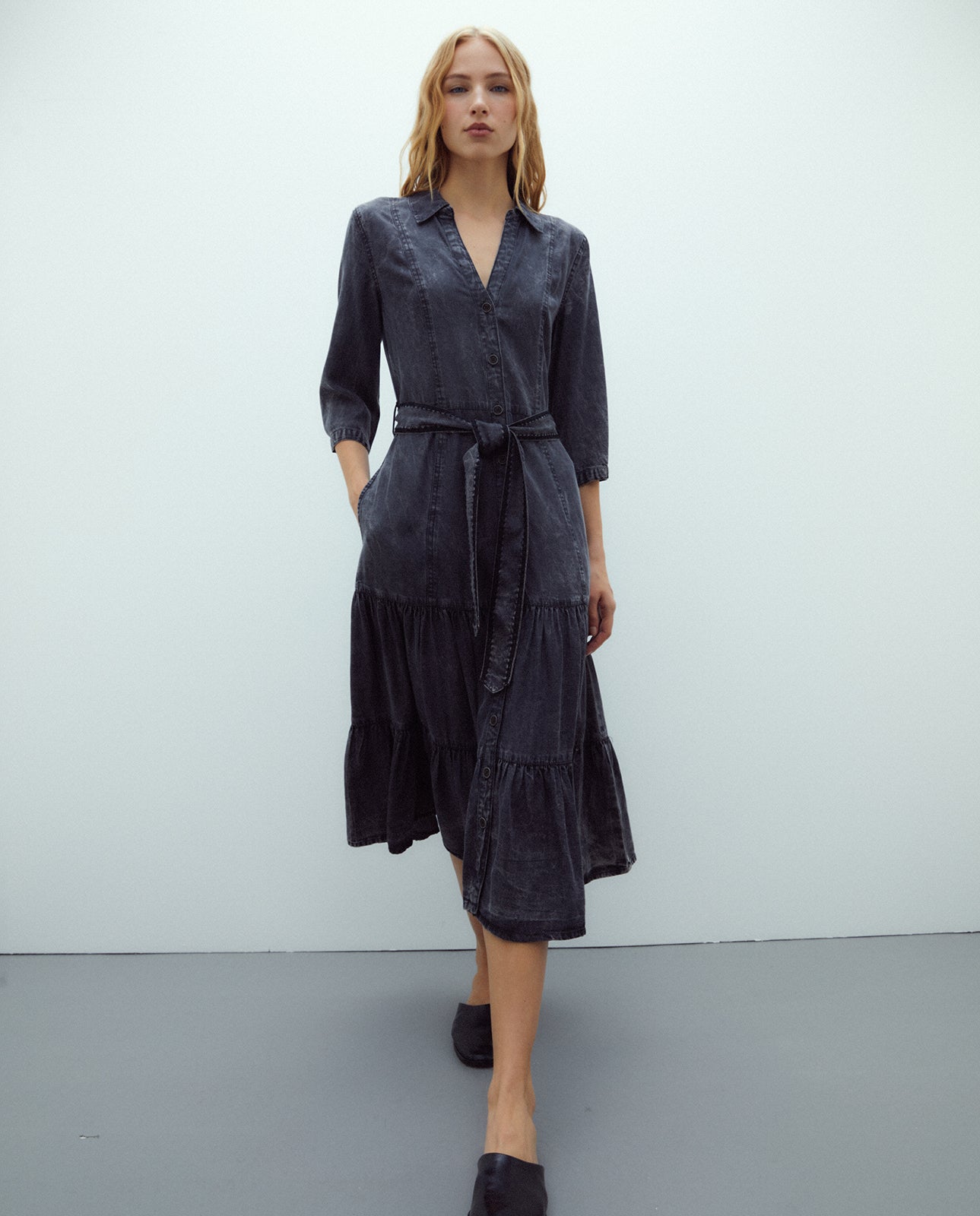 Vestido midi camisero tencel manga francesa