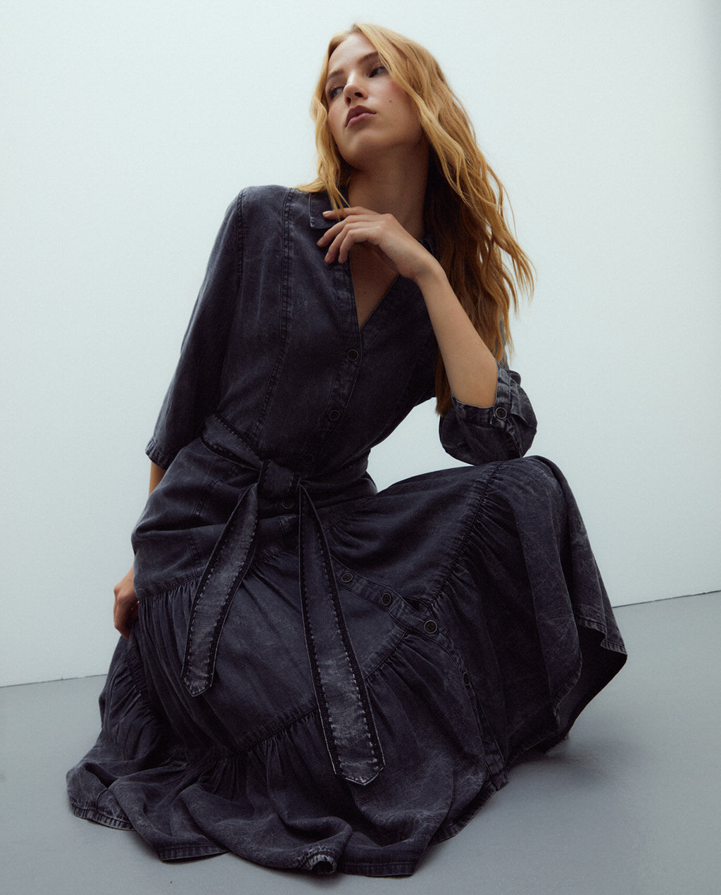 Vestido midi camisero tencel manga francesa