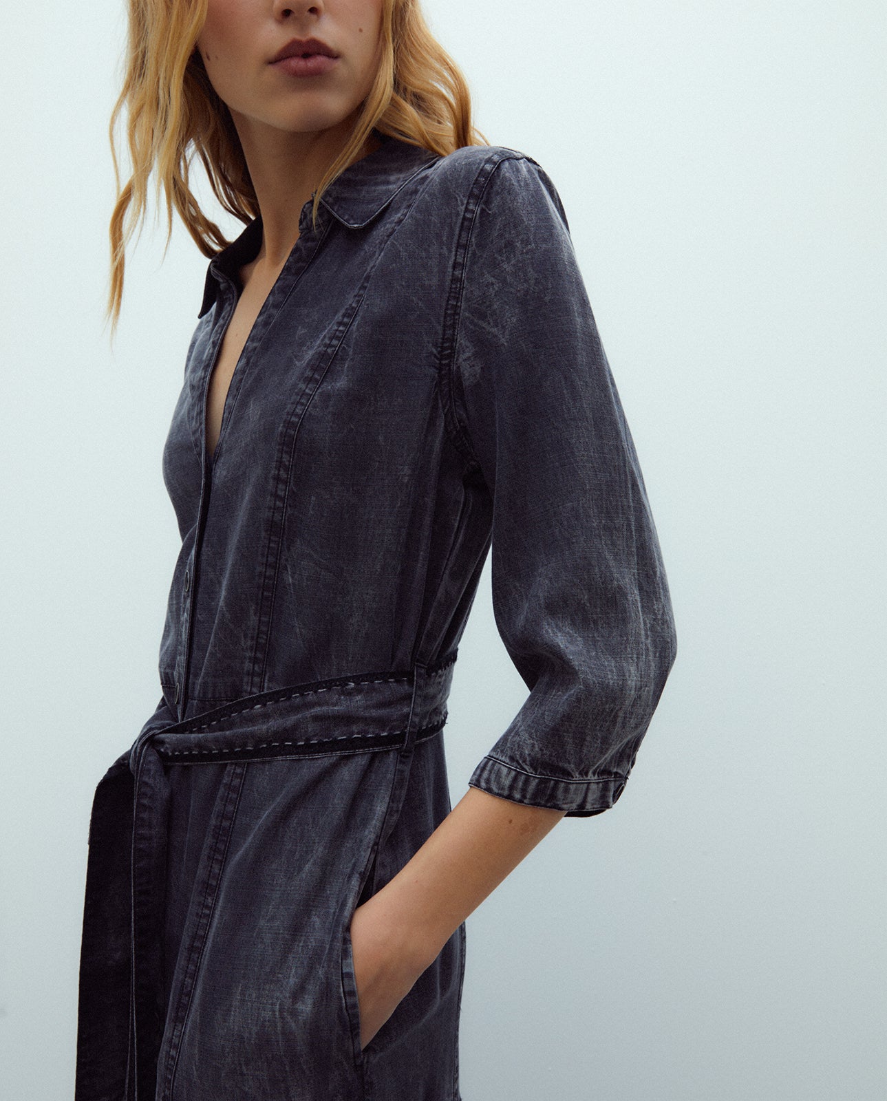 Vestido midi camisero tencel manga francesa