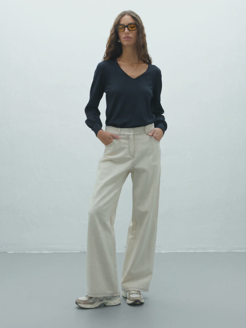 Jersey de mujer punto fino cuello pico