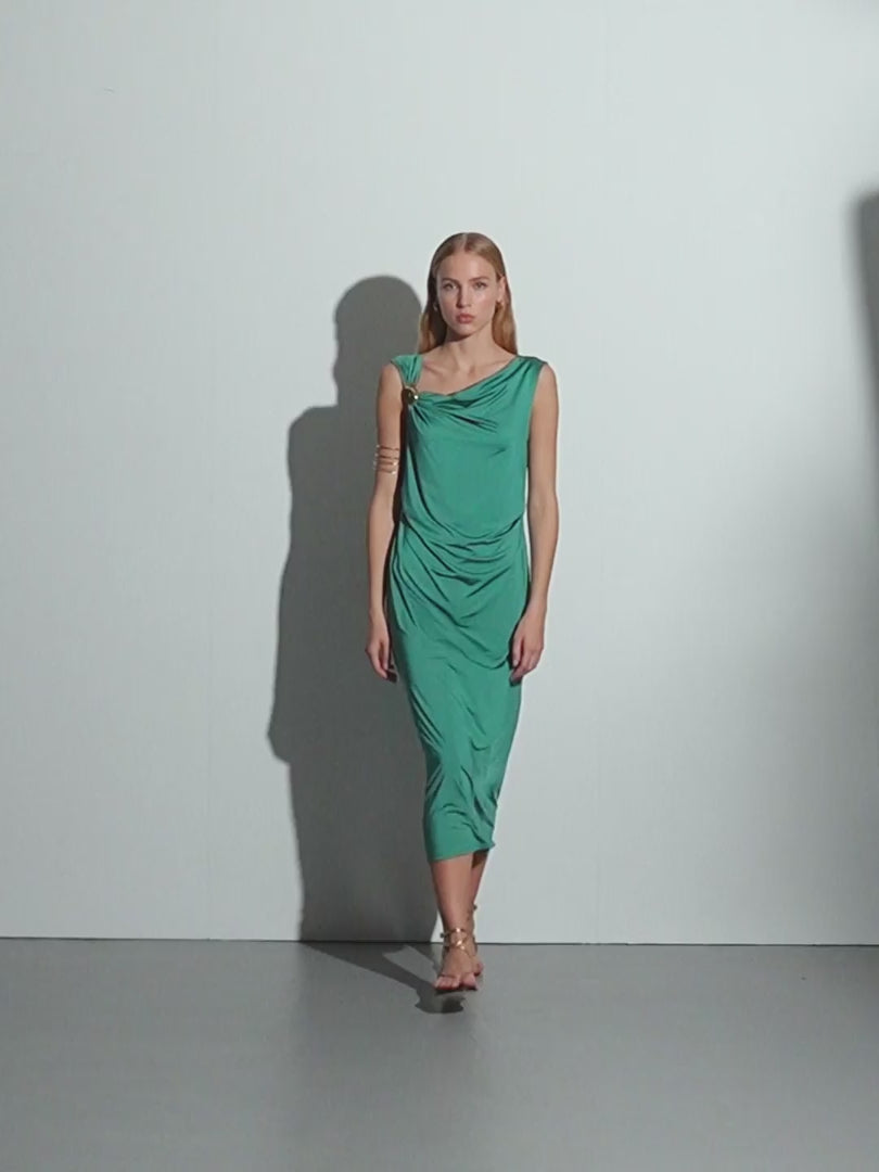 Vestido midi de punto sin mangas escote drapeado