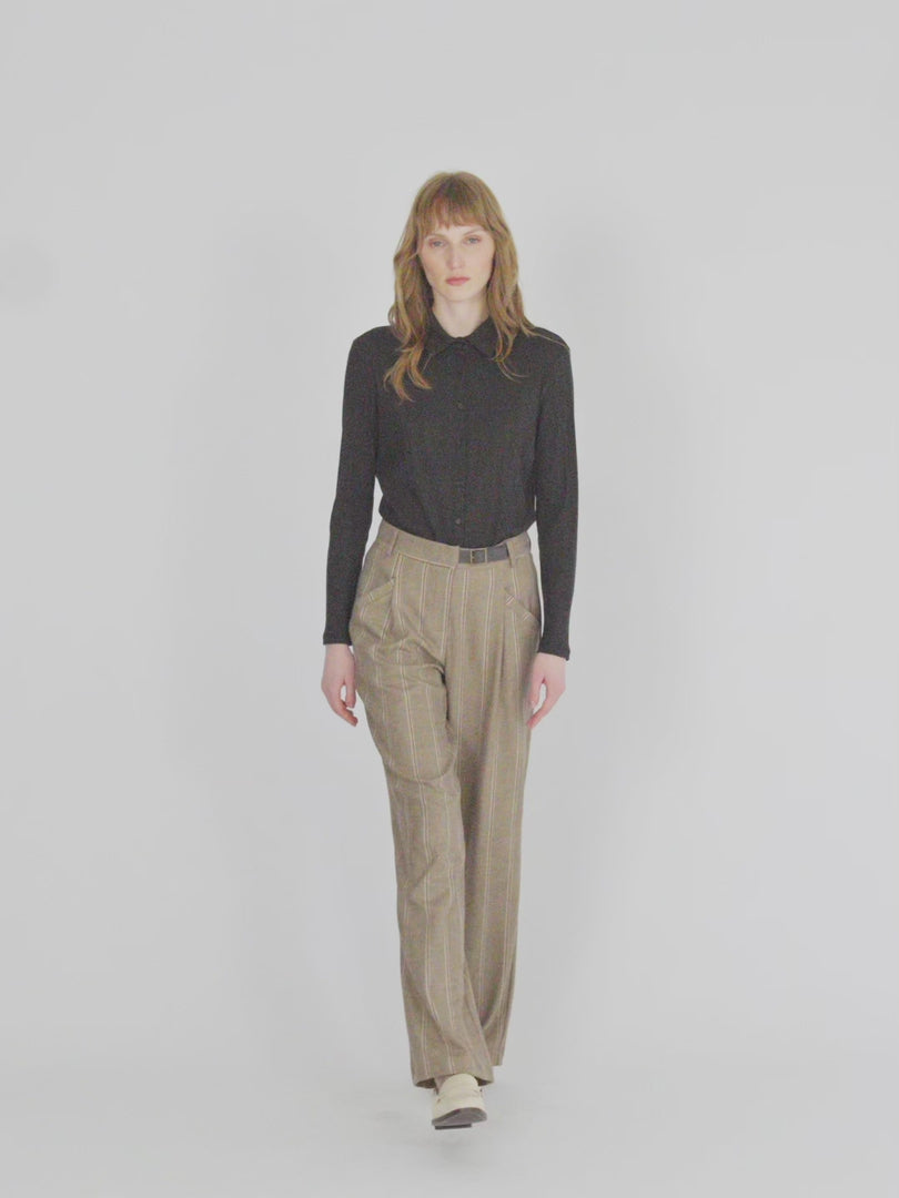 High-waisted pinstripe wide-leg trousers with pleats