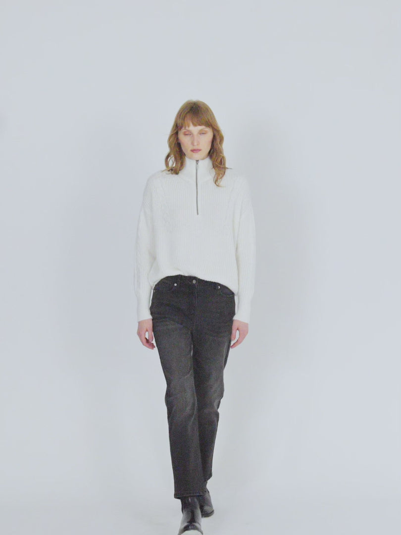 Damen Zopfmusterpullover mit Reißverschluss